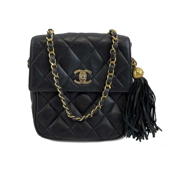 Chanel Small Square Flap Leather Vintage Gold CC Tassel Black Crossbody Handbag - Picture 1 of 13